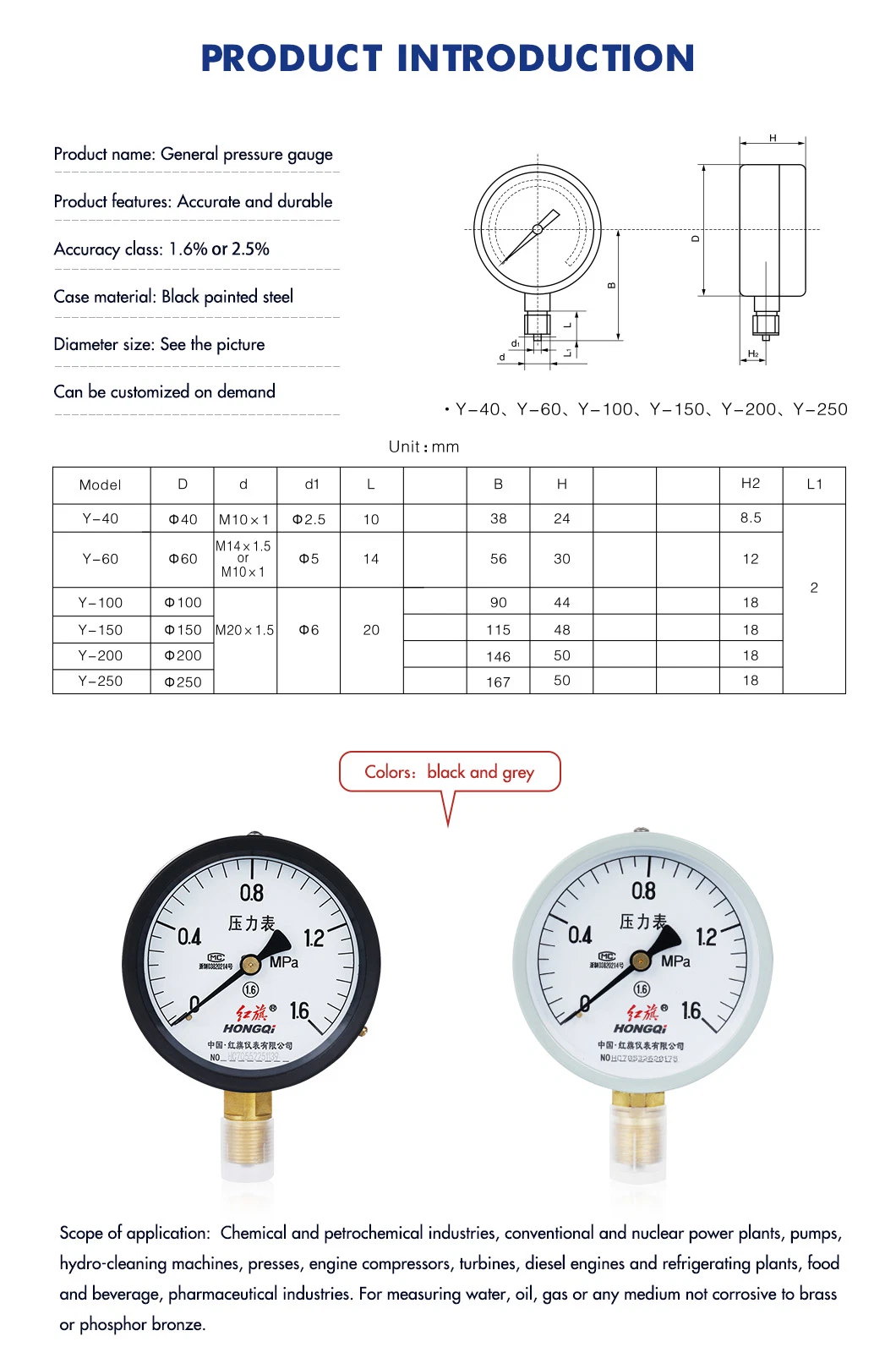 Hongqi 4&quot; Standard Pressure Gauge M20*1.5 NPT1/2 G1/2