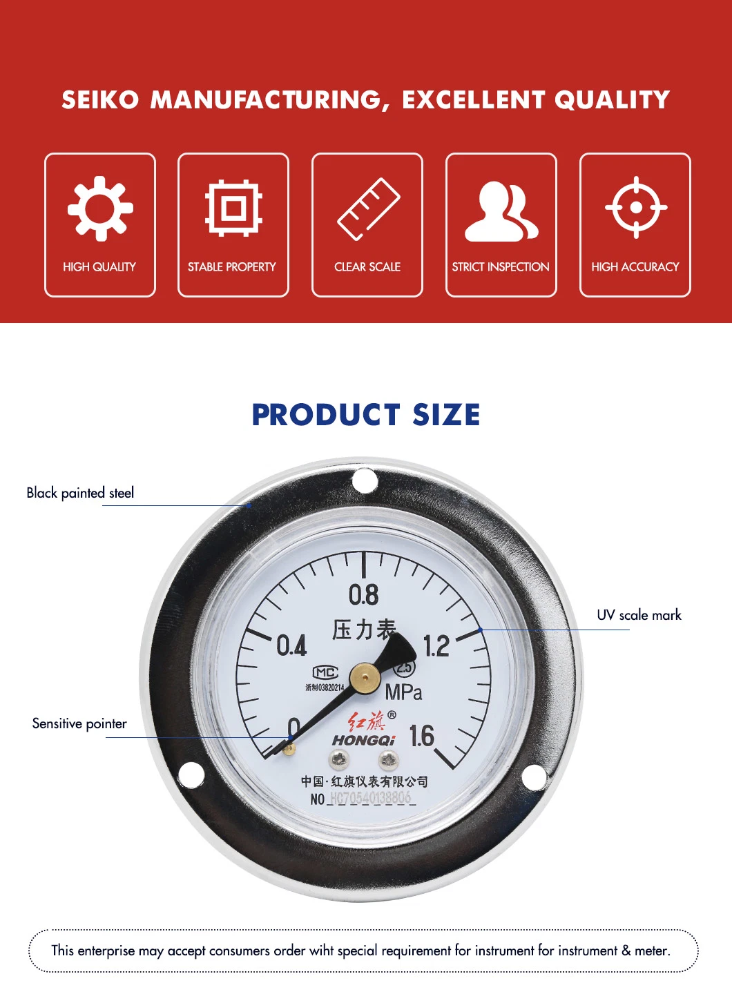 40mm Back Connection Bourdon Tube with Fangle Pressure Gauge